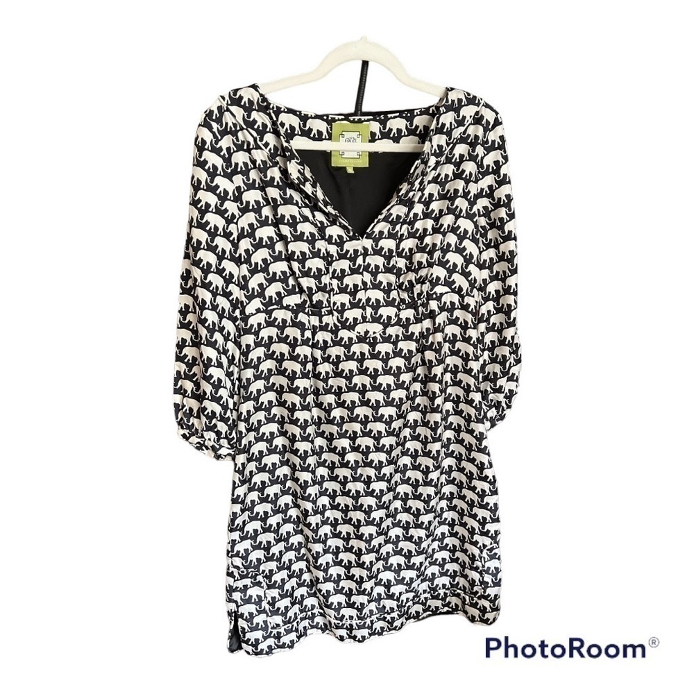 Elizabeth McKay SILK MARILOU DRESS black with white elephants size 8 tunic EUC - Picture 5 of 11